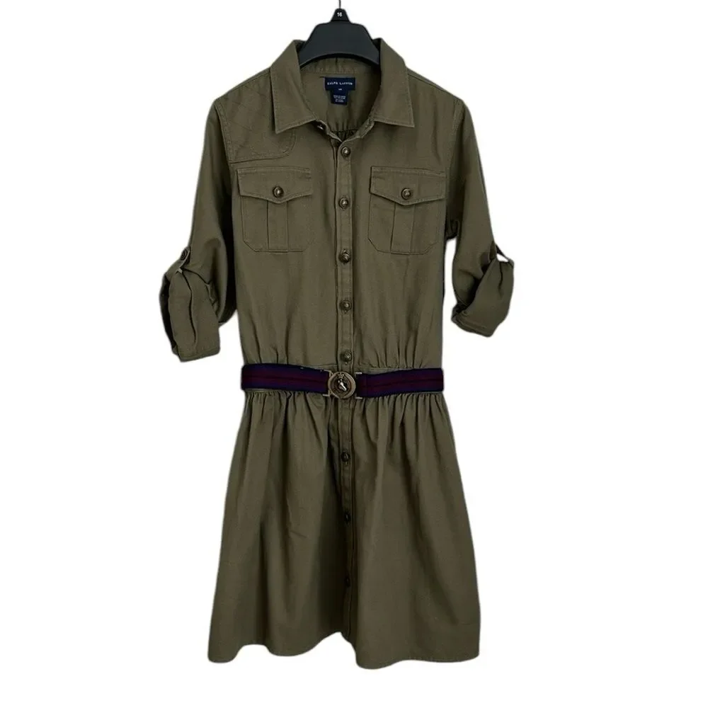 Ralph Lauren Dress Girls Size 14 Khaki Button Front Belted Chino Shirtdress